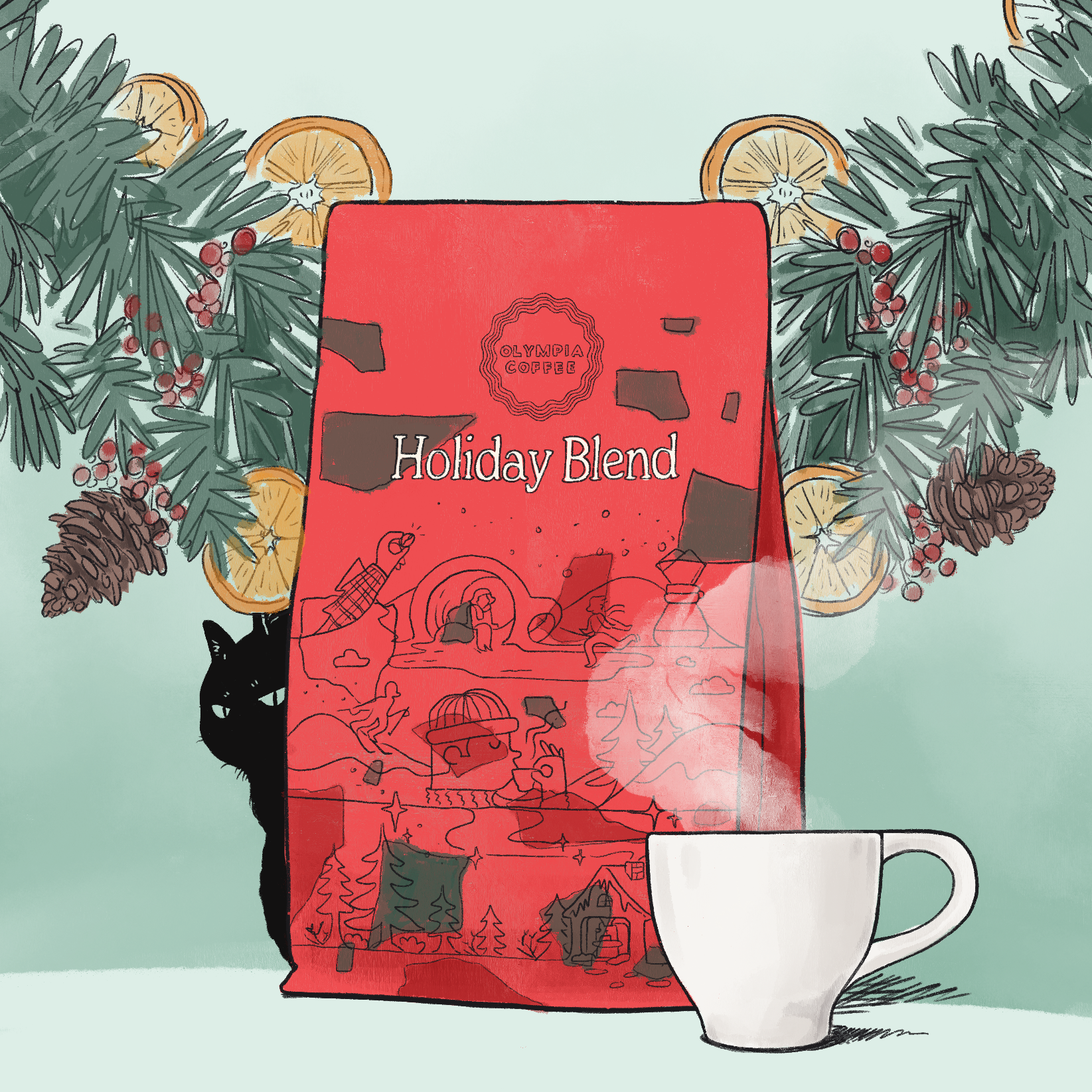 Holiday Blend by Olympia Coffee. Illustration with mug and cat.