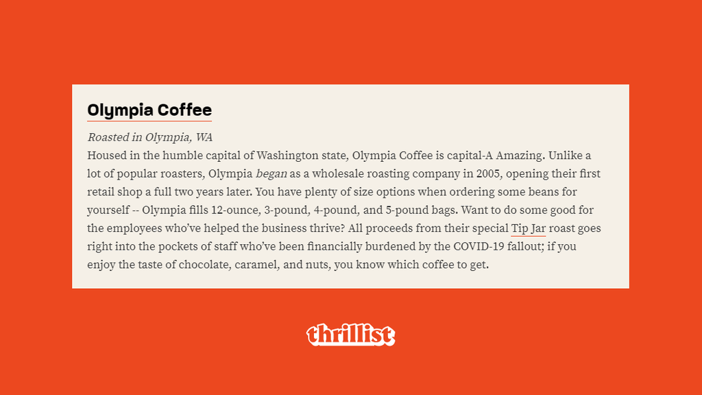 Thrillist: Olympia Coffee Named One of the Best Coffee Home Delivery Services!